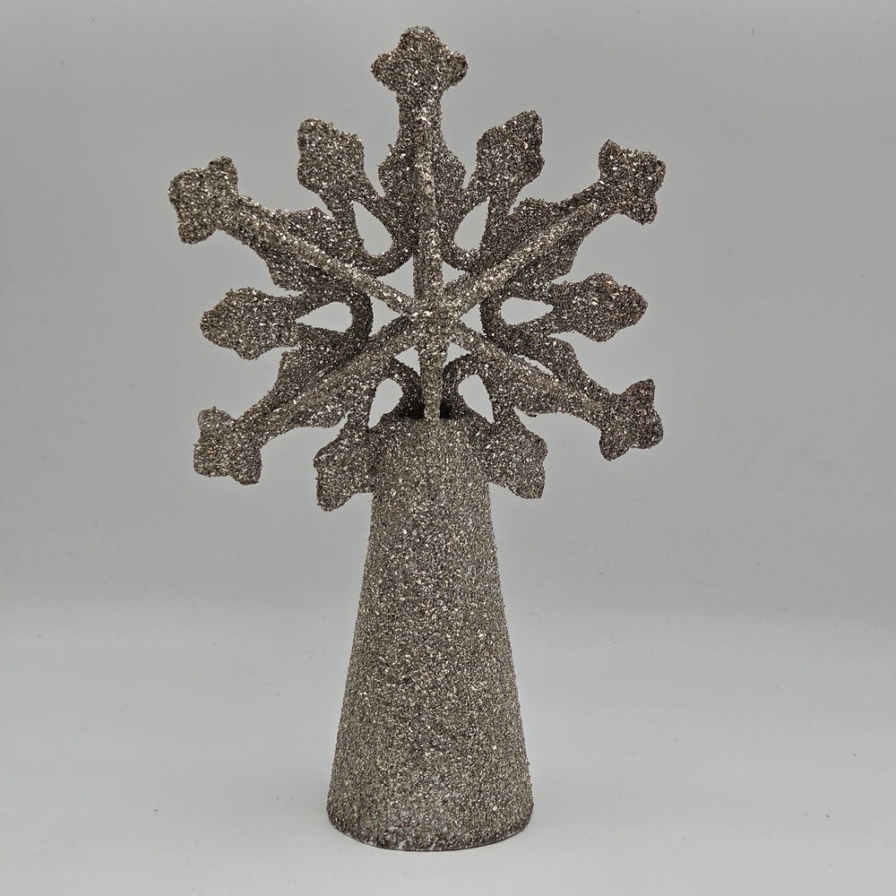 Vintage Silver Glass Glittered Tree Topper Snow Flake 10" Tall